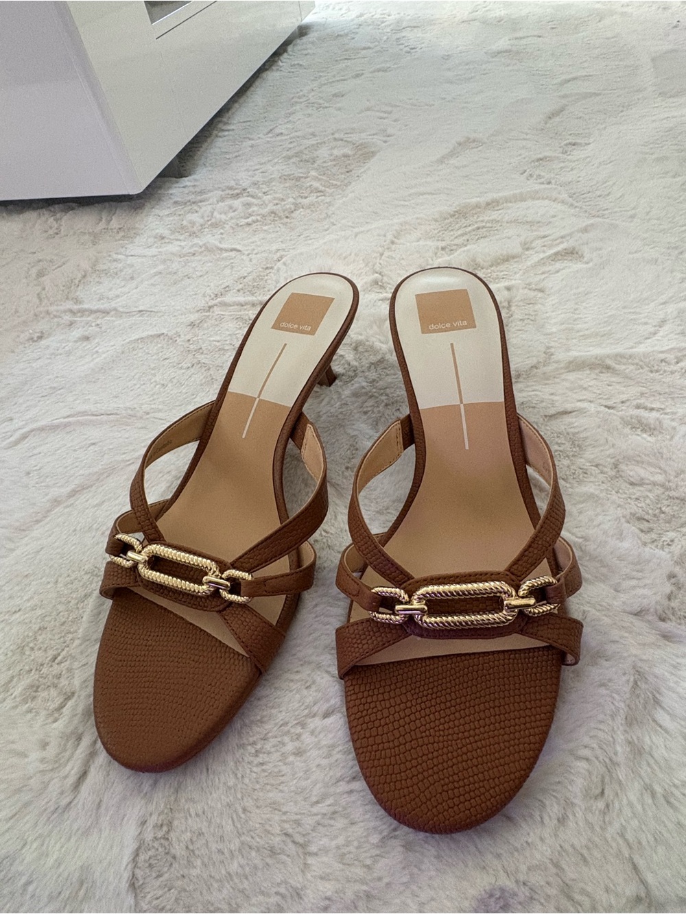 Dolce Vita Brown Heeled Mules with Gold Chain Accent